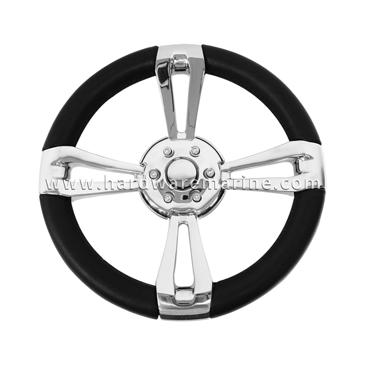 Stainless Steel Marine 4-Spoke Steering Wheel With Leather Wrap Stainless Steel Marine 4-Spoke Steering Wheel With Leather Wrap